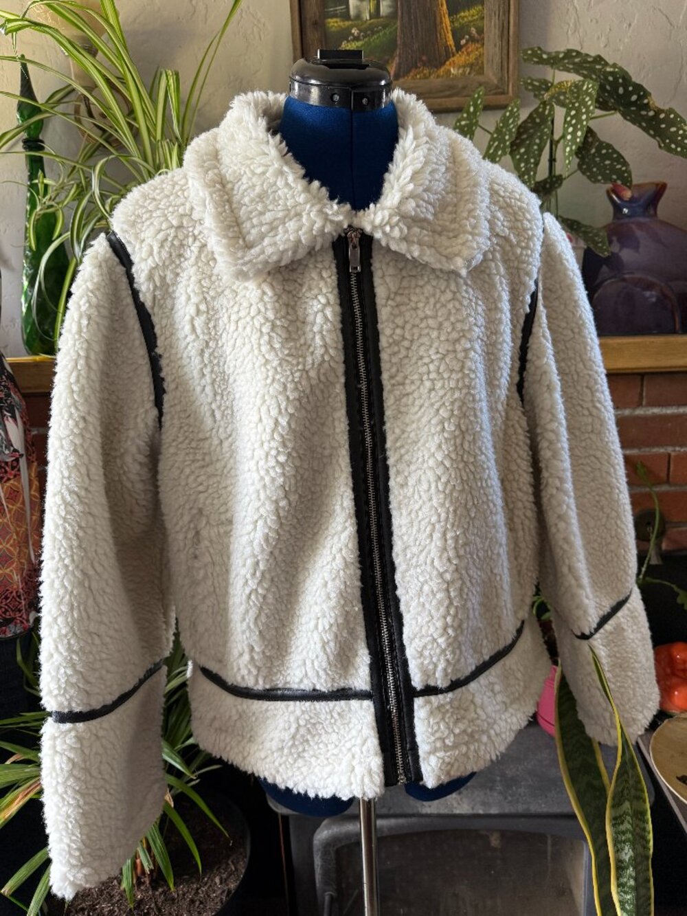 NWT Arizona Jean Co. Natural Cream Teddy Sherpa Aviator Moto Jacket L